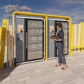 Square Landscape With Yellow Framed Smart Lockers Person Using Tablet Stone Pavement And Blue Sky