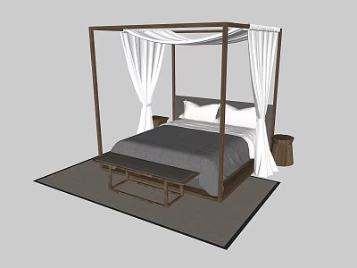 Modern Four Poster Double Bed With White Drapes Bench And Rug 3d model
