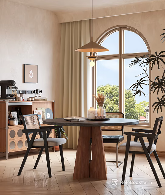 Modern Round Wooden Table And Chair Set in Dining Area With Arch Window Green Plants 3d model 