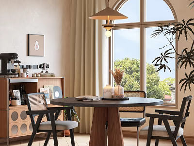 Modern Round Wooden Table And Chair Set in Dining Area With Arch Window Green Plants 3d model