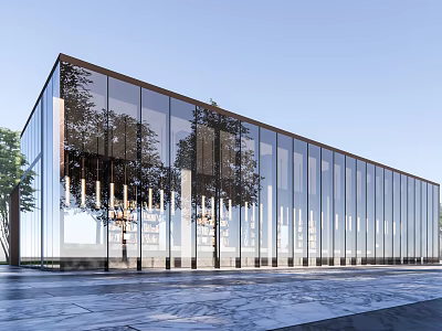 Modern Sales Office Building With Large Glass Curtain Walls And Tree Reflections 3d model