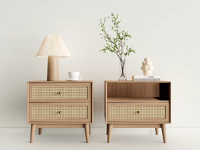 Modern Wooden Nightstands With Rattan Drawers White Cup Lamp Vase Green Plant Books Decorative Item 3d model