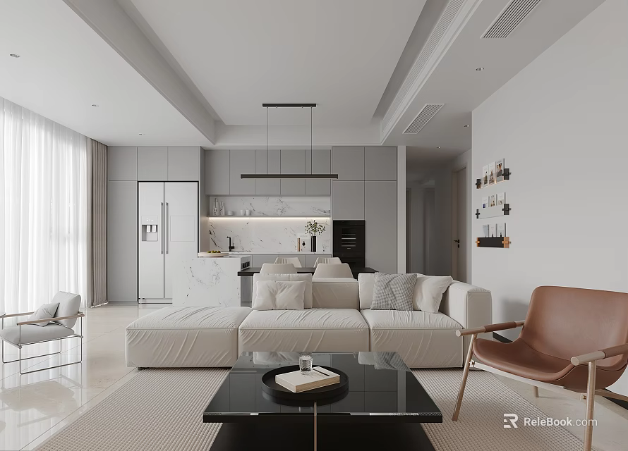 Modern Living Dining Area With Beige Sofa Coffee Table And Open Kitchen Cabinets 3d model 
