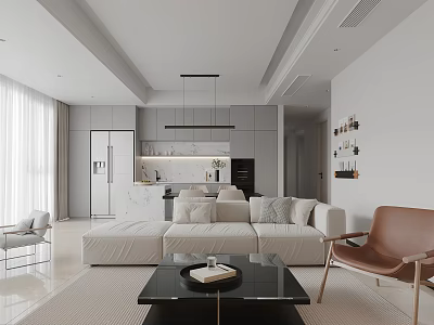 Modern Living Dining Area With Beige Sofa Coffee Table And Open Kitchen Cabinets 3d model