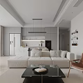 Modern Living Dining Area With Beige Sofa Coffee Table And Open Kitchen Cabinets 3d model