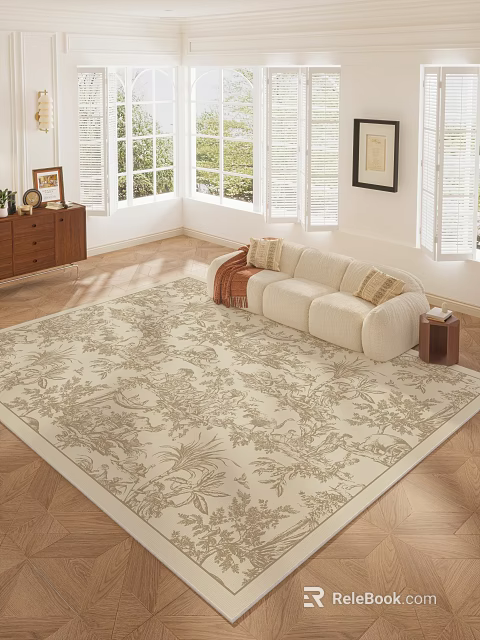 Living Room With Cream Sofa Cushions Large Patterned Rug Wooden Floor Side Table Shutter Windows 3d model 