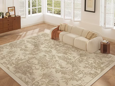 Living Room With Cream Sofa Cushions Large Patterned Rug Wooden Floor Side Table Shutter Windows 3d model