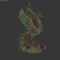 Verdigris Green Bronze Phoenix Landscape Sculpture With Spread Wings And Ornate Base