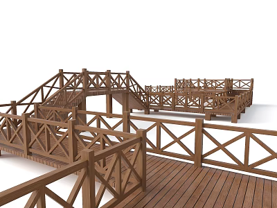 Wooden Landscape Bridge with Crossed Railings Steps and Platforms in Outdoor Scene 3d model