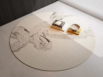 Beige Round Rug With Hand Drawn Flower Pattern And Stacked Books In Bright Indoor Space 3d model