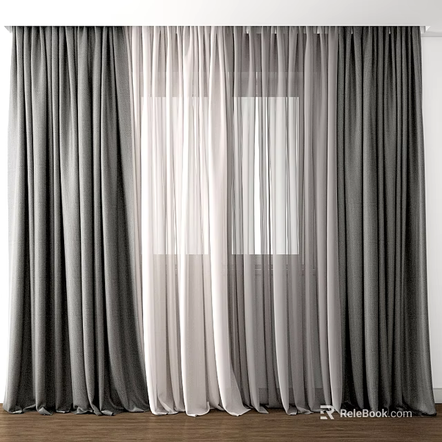Grey And White Double Layer Sheer Curtains For Modern Window Interior 3d model 