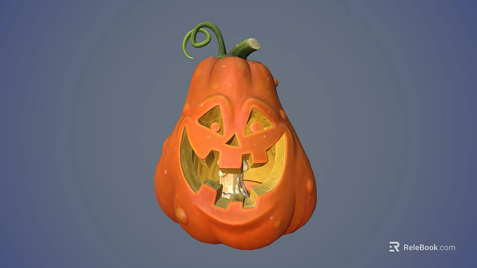 Orange Carved Pumpkin With Smiling Face Design Lit Interior And Green Curly Vine 3d model 