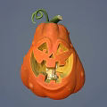 Orange Carved Pumpkin With Smiling Face Design Lit Interior And Green Curly Vine