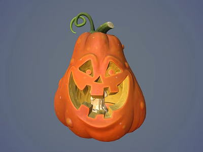 Orange Carved Pumpkin With Smiling Face Design Lit Interior And Green Curly Vine 3d model