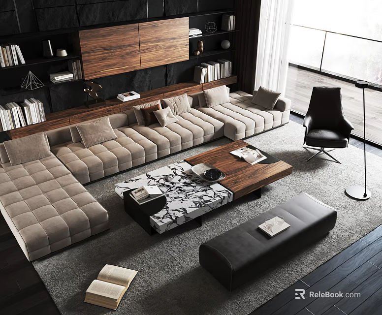Modern Living Room Interior With Beige L Shaped Sofa And Wooden Marble Coffee Table Set 3d model 
