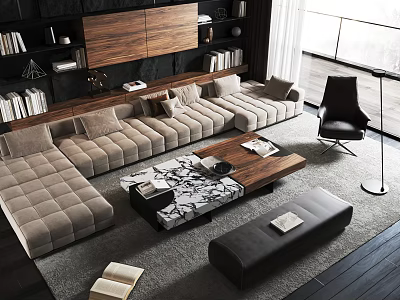 Modern Living Room Interior With Beige L Shaped Sofa And Wooden Marble Coffee Table Set 3d model
