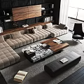 Modern Living Room Interior With Beige L Shaped Sofa And Wooden Marble Coffee Table Set
