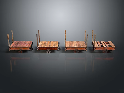 Set Of Four Vintage Wooden Pallets With Wheels On Gray Reflective Background 3d model