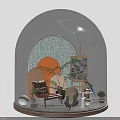 Decorative Ornament Set Inside Glass Dome With Orange Circular Decor Easel Brown Chair And Plants