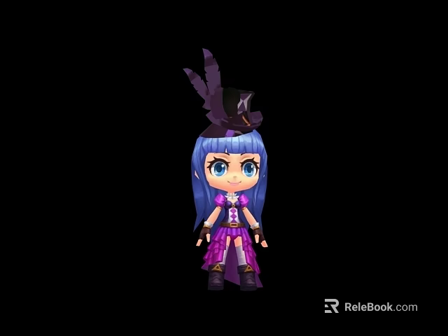 Game and Movie Character With Blue Long Hair Black Feather Hat and Purple Outfit 3d model 
