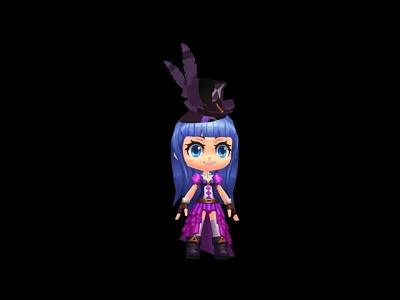 Game and Movie Character With Blue Long Hair Black Feather Hat and Purple Outfit 3d model