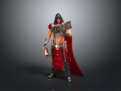 Fantasy Character With Red Cape And Armor Holding Decorative Shield Standing 3d model