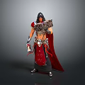 Fantasy Character With Red Cape And Armor Holding Decorative Shield Standing