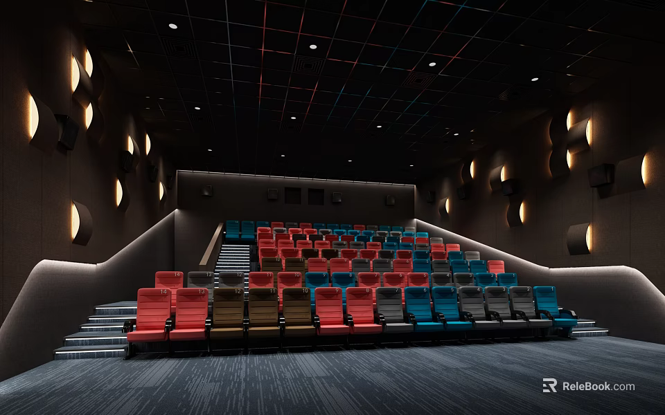 Modern Cinema Interior With Colorful Seats Ambient Lighting And Stylish Decor 3d model 