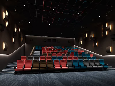 Modern Cinema Interior With Colorful Seats Ambient Lighting And Stylish Decor 3d model