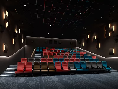 Modern Cinema Interior With Colorful Seats Ambient Lighting And Stylish Decor 3d model