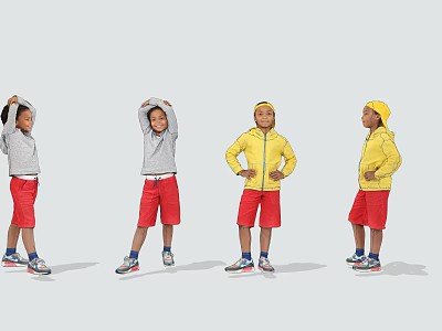 Two Kids Exercising In Hoodies Red Shorts Sneakers Against White Background 3d model