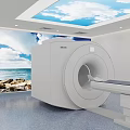 Modern CT Scanner in Medical Room with Blue Floor Skylight Mobile Cart and Display Screen