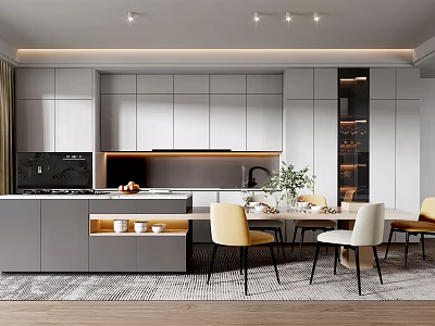 Modern Kitchen Interior Design With Gray Cabinets Island Counter And Dining Table Chairs 3d model