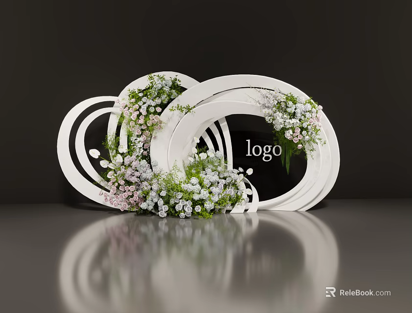 Floral Display Installation With White Circular Rings And White Pink Flowers Around Logo 3d model 
