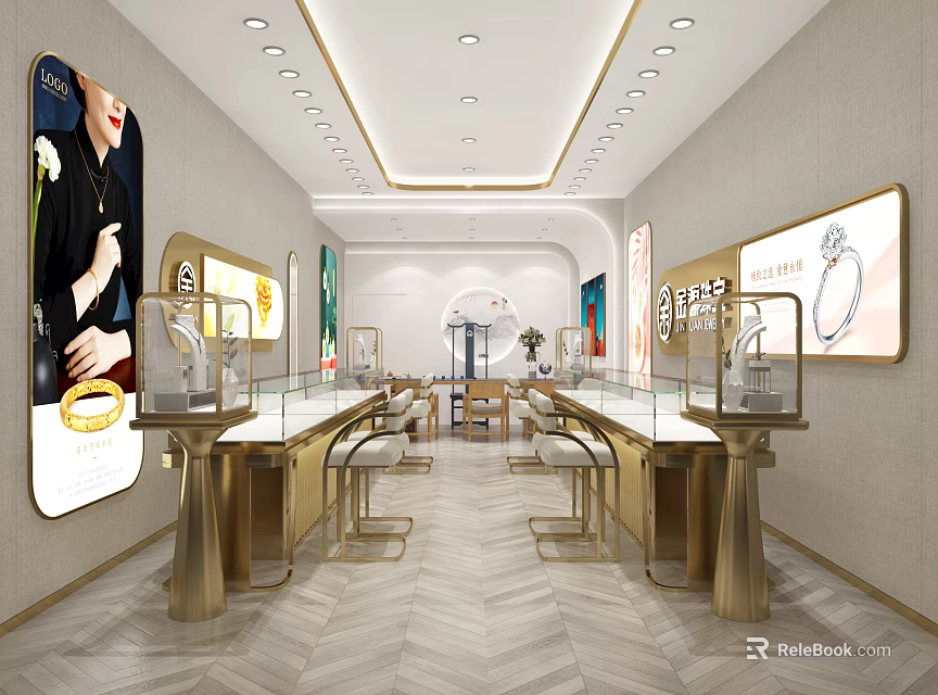 Luxurious Jewelry Store Interior With Elegant Display Counters And Ring Exhibits Lighting 3d model