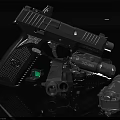Modern Tactical Pistol With Scope Magazines And Tactical Light On Black Surface