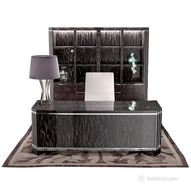 Elegant Modern Office Desk With Wood Grain Surface White Chair And Table Lamp 3d model 