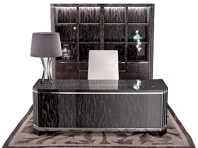 Elegant Modern Office Desk With Wood Grain Surface White Chair And Table Lamp 3d model