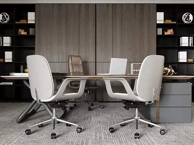 Modern Office Interior Design With Wooden Desk Ergonomic Chairs And Bookshelves 3d model