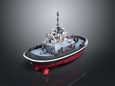 Detailed Tugboat Model With Black Red Hull Upper Deck And Antenna On Reflective Surface 3d model