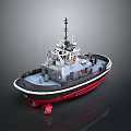 Detailed Tugboat Model With Black Red Hull Upper Deck And Antenna On Reflective Surface
