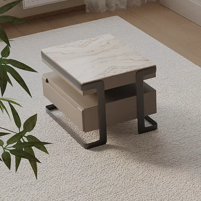 Modern Bedside Table With Marble Top And Beige Drawer Metal Frame 3d model