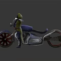 Hooded Action Figure With Arms Outstretched Next To Blue Motorcycle Red Wheels White Front