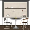 Modern Dining Table Set With Round White Top Different Design Chairs And Wall Shelves 3d model