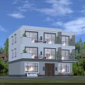 Modern Detached House with Large Glass Windows Balconies Surrounded by Green Plants and Lawn