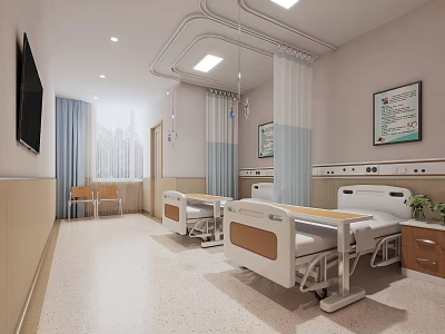 Clean Modern Hospital Ward Interior With Medical Beds Curtains And Wall Decorations 3d model