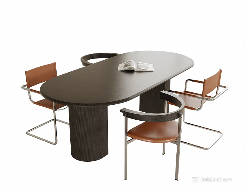 Modern Oval Wooden Table And Four Leather Seat Metal Frame Chairs With Open Book 3d model 