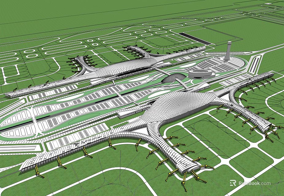 Modern Transportation Hub Architectural Design With Complex Roof And Surrounding Layout 3d model 