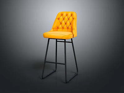 Stylish Yellow Tufted Bar Stool With Leather Upholstery And Black Metal Legs 3d model