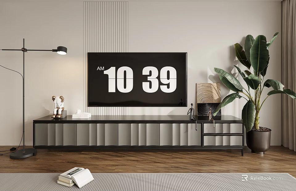 Modern TV Stand With TV Floor Lamp Potted Plant And Decorative Items On Wooden Floor 3d model 
